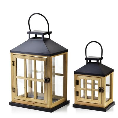 LEVI Set of 2 wooden lanterns 17x13xH24/ 24x18xH36cm