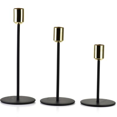 CEDRIC Set di 3 candelieri nero e oro8xH14cm/8xH18cm/8xH22cm