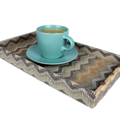 Bandeja rectangular de piel sintética en zigzag marrón para cosméticos