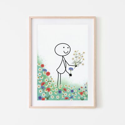 Robin in flower field art print – A4 and A3