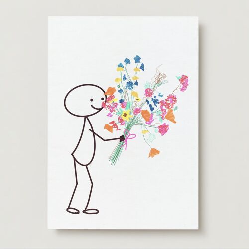 Robin met bos bloemen kunstprint – A4 en A3
