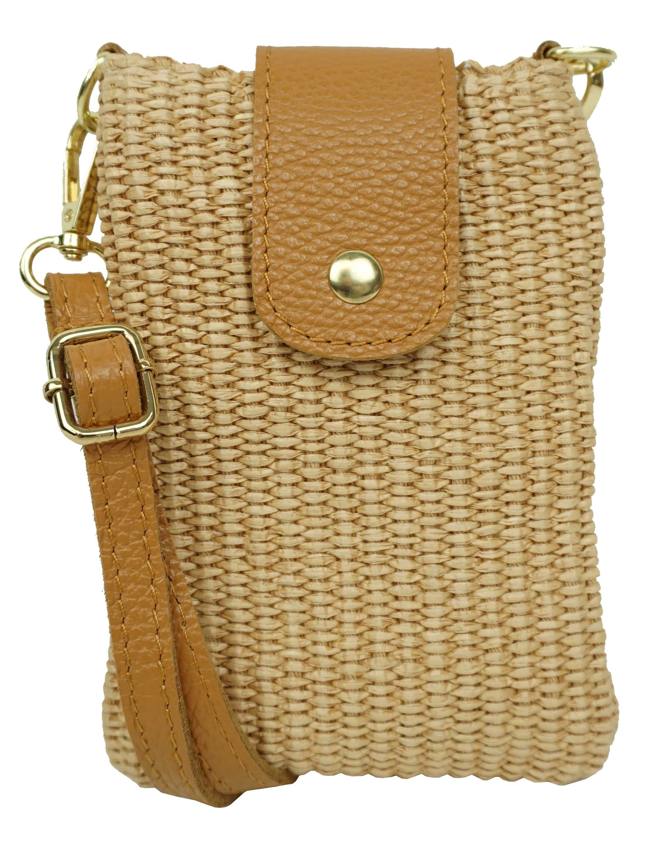 Handytasche aus Raffiabast mit Lederbesatz Pink D3204