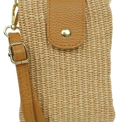 Raffia phone pouch with leather trim Pink D3204