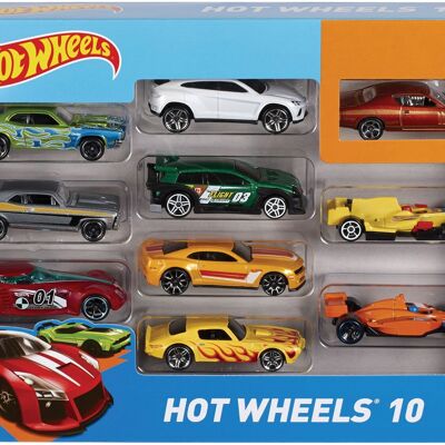 MATTEL – Box mit 10 Hot-Wheels-Fahrzeugen – Modell zufällig ausgewählt