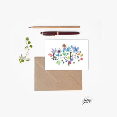 TARJETA DE FELICITACIÓN DOBLE FELIZ FIESTAS DE FLOR Y ACUARELA BOTÁNICA