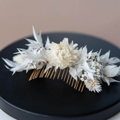 Peigne à cheveux fleurs séchées marguerites blanches