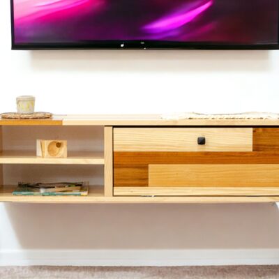 Support TV flottant, meuble TV, console TV, bois massif, 120x40x31, fait main | DÉCO TERRAMARA