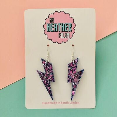 Large Purple Glitter Lightning Bolt Earrings