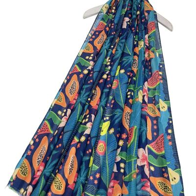 Colourful Fruit & Floral Print Frayed Scarf - Navy
