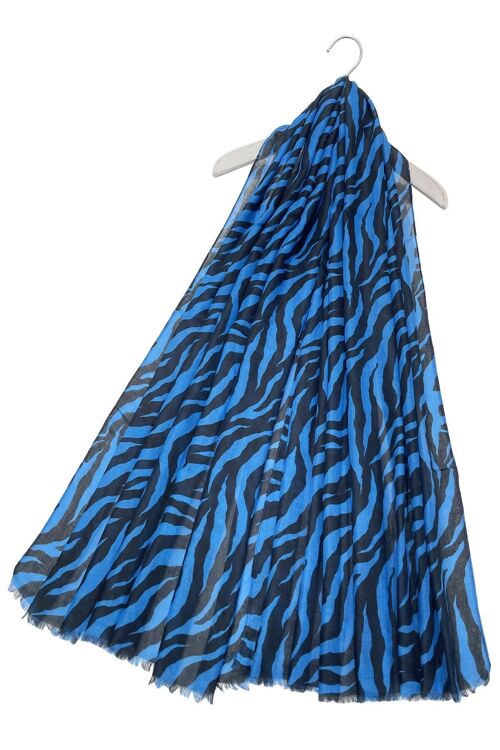 Vibrant Zebra Print Frayed Scarf - Blue