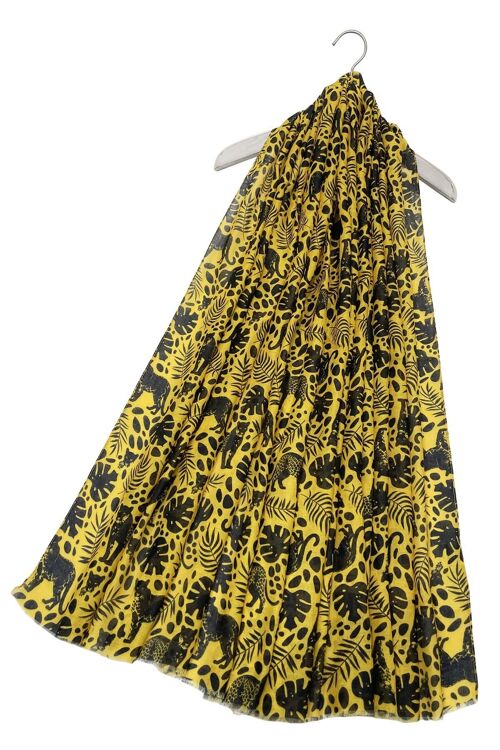 Jungle Leaf & Leopard Print Frayed Scarf - Yellow