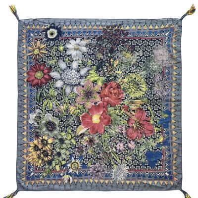 Écharpe à pompon carré à motif floral détaillé avec bordure aztèque