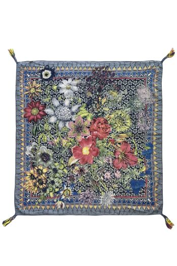 Écharpe à pompon carré à motif floral détaillé avec bordure aztèque 1