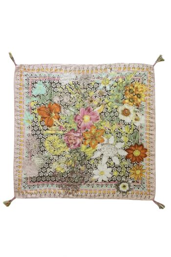 Écharpe à pompon carré à motif floral détaillé avec bordure aztèque 3