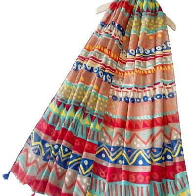 Bufanda con borlas y estampado azteca gráfico divertido - Multicolor