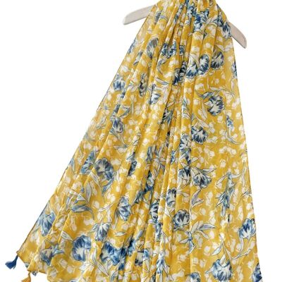 Sciarpa con nappe con stampa fiori estivi - Senape