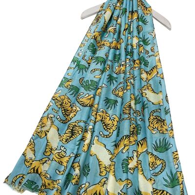 Cartoon Tiger & Leaf Print Frayed Scarf - Blue