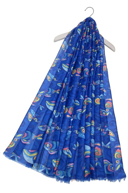 Illustrated Whale Print Frayed Scarf - Blue
