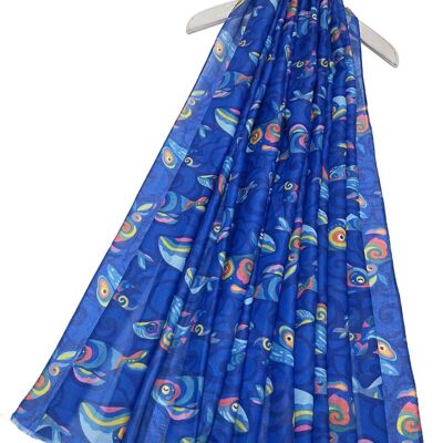 Illustrated Whale Print Frayed Scarf - Blue