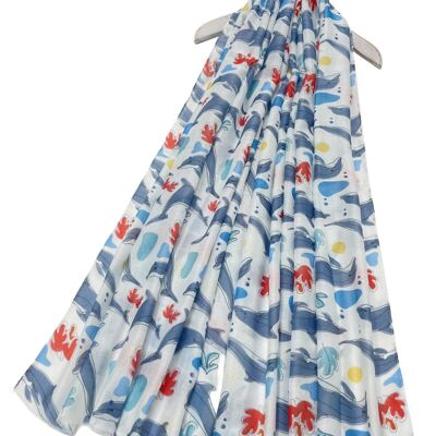 Dolphin Sealife Print Frayed Scarf - White