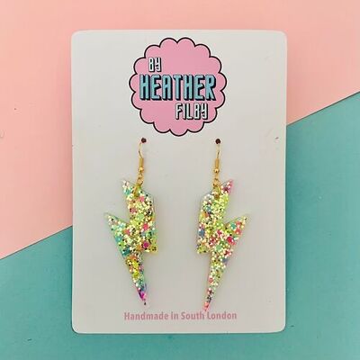 Large Lime Green and Pink Glitter Lightning Bolt Earrings