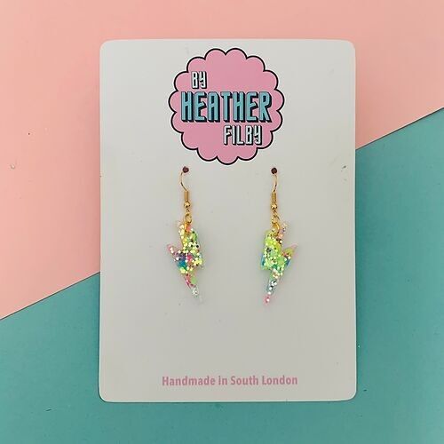 Mini Lime Green and Pink Glitter Lightning Bolt Earrings