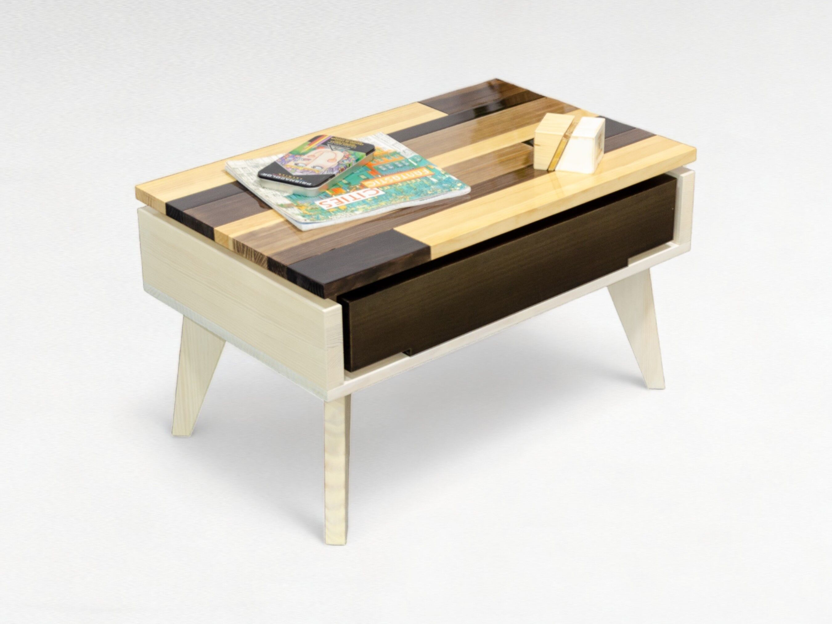 Mesa de centro elevable TANGENTE, Mesita Plegable, Mesa de Café para el Salón, Mesa baja abatible, Madera Maciza, Hecho a Mano, Sin Montaje | TERRAMARA DECO