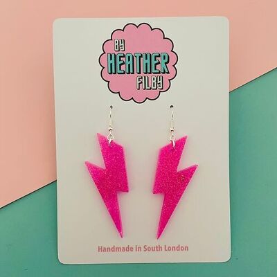 Large Neon Pink Glitter Lightning Bolt Earrings