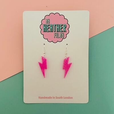 Mini Neon Pink Glitter Lightning Bolt Earrings