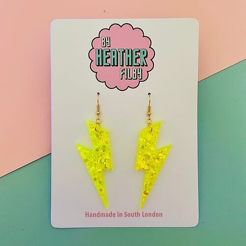 Large Neon Yellow Glitter Lightning Bolt Earrings