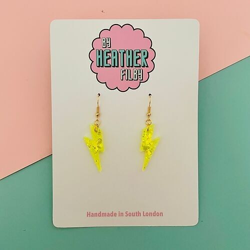 Mini Neon Yellow Glitter Lightning Bolt Earrings