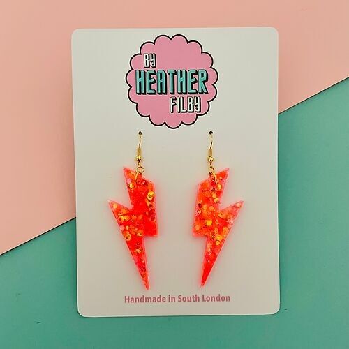 Large Neon Orange Glitter Lightning Bolt Earrings
