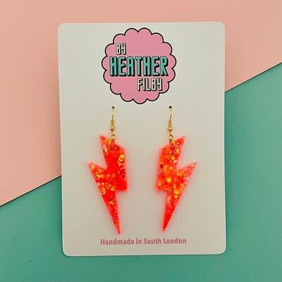 Large Neon Orange Glitter Lightning Bolt Earrings
