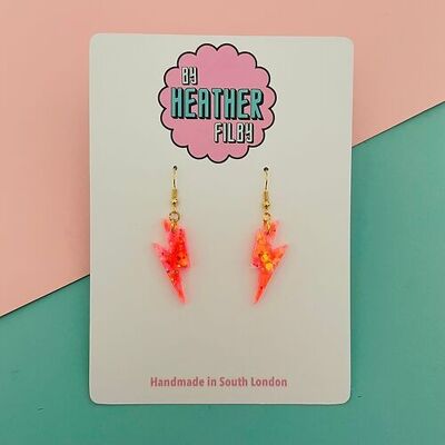 Mini Neon Orange Glitter Lightning Bolt Earrings