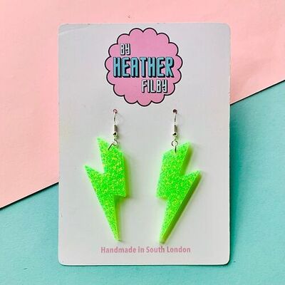 Large Neon Green Glitter Lightning Bolt Earrings