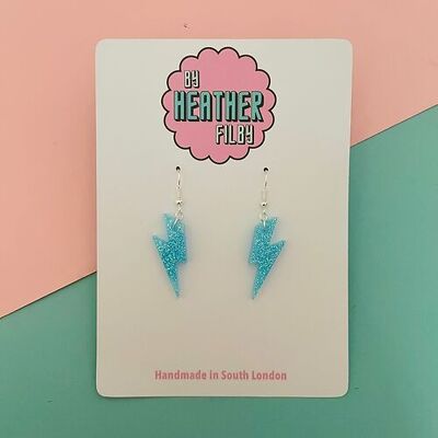 Mini Light Blue Glitter Lightning Bolt Earrings