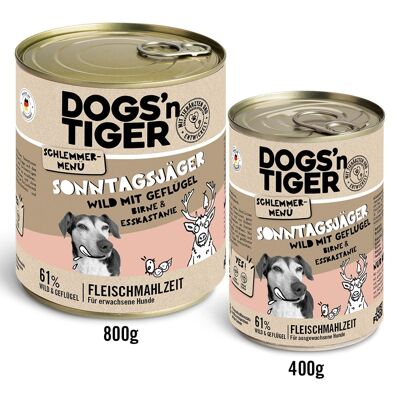 DOGS'n TIGER Comida para perros adultos Sunday Hunter, menú gourmet, comida húmeda para perros, sin cereales, con un 61% de contenido en carne de caza y aves