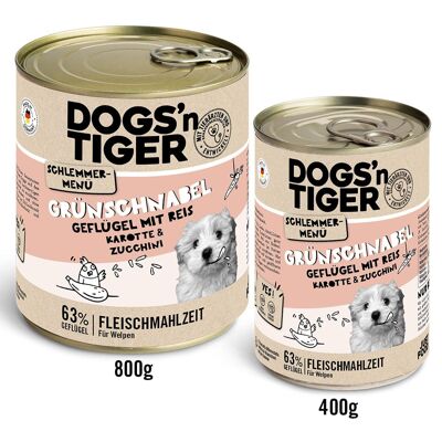 DOGS'n TIGER Junior nourriture pour chien corne verte, menu gourmet, nourriture humide pour chiens, nourriture pour chiots, sans céréales, avec 63% de viande de volaille