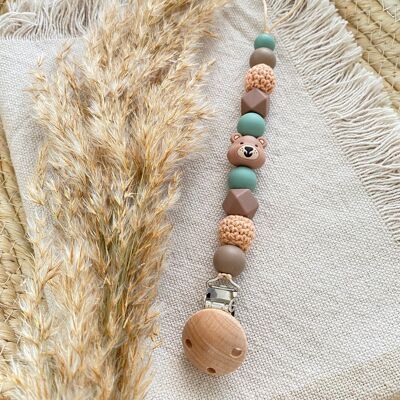 Pacifier clip Bear Brown Green