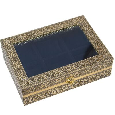 GOLD METAL WATCH BOX WITH BLACK VELVET 28X20X8CM, GLASS LID ST76106