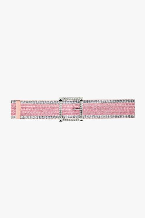 Cinturón ancho tejido rosa con hebilla cuadrada con adornos plateados