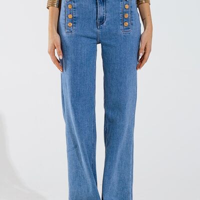 Jeans Recto Estilo Marino Con Detalle De Botones Dorados Al Lado En Azul Medio
