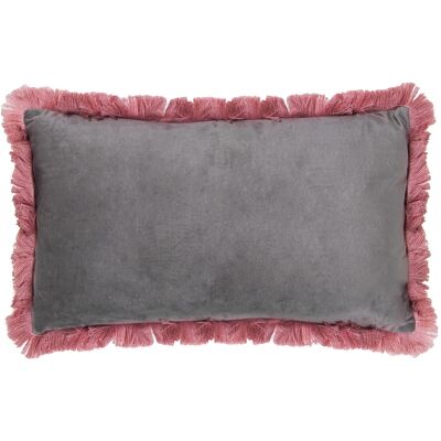 COUSSIN 50X30CM VELOURS GRIS AVEC FRANGE ROSE AVEC FERMETURE ÉCLAIR _50X30CM ST50601