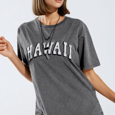 Camiseta hawaiana con effetto lavado in grigio