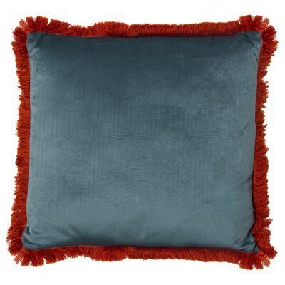 COUSSIN 45X45CM VELOURS VERT D'EAU FRANGES ORANGE A/CRÈME 45X45CM ST50598