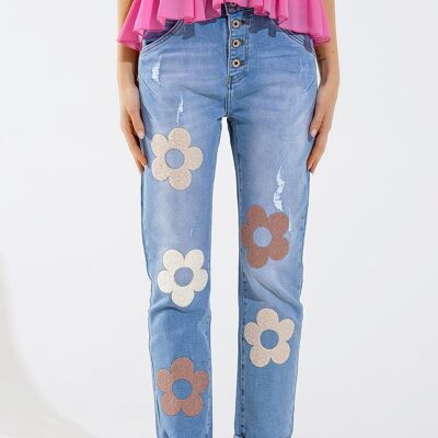Gerade Jeans mit Knopfleiste und Blumendetails vorne