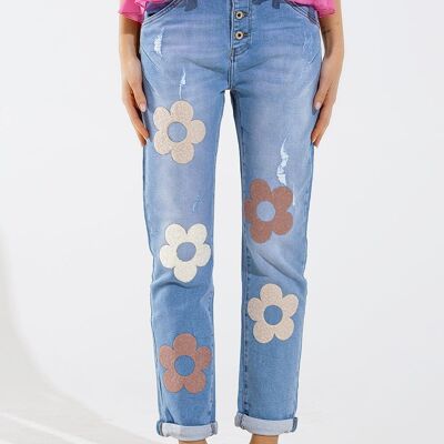Gerade Jeans mit Knopfleiste und Blumendetails vorne