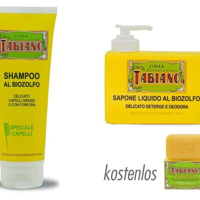 Shampoo 250ml + liquid soap 250ml + soap with organic sulfur 125g