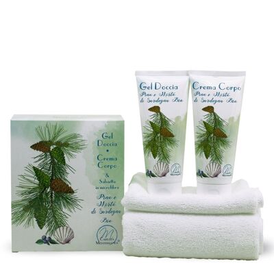 Cofre regalo gel de ducha de baño 200ml + crema corporal 200ml con pino ecológico y mirto sardo