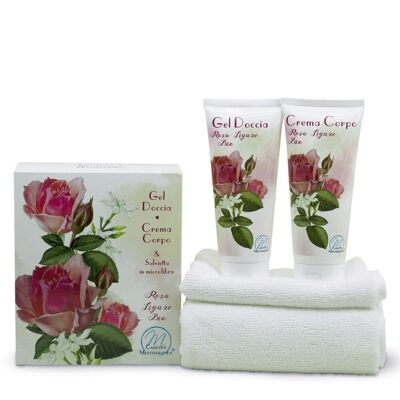 Cofre regalo gel de ducha de baño 200ml + crema corporal 200ml con rosa de Liguria ecológica